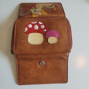Lavishy Vegan Faux Leather Brown Wallet Deer Toadstools Mushroom Tri-Fold Zip